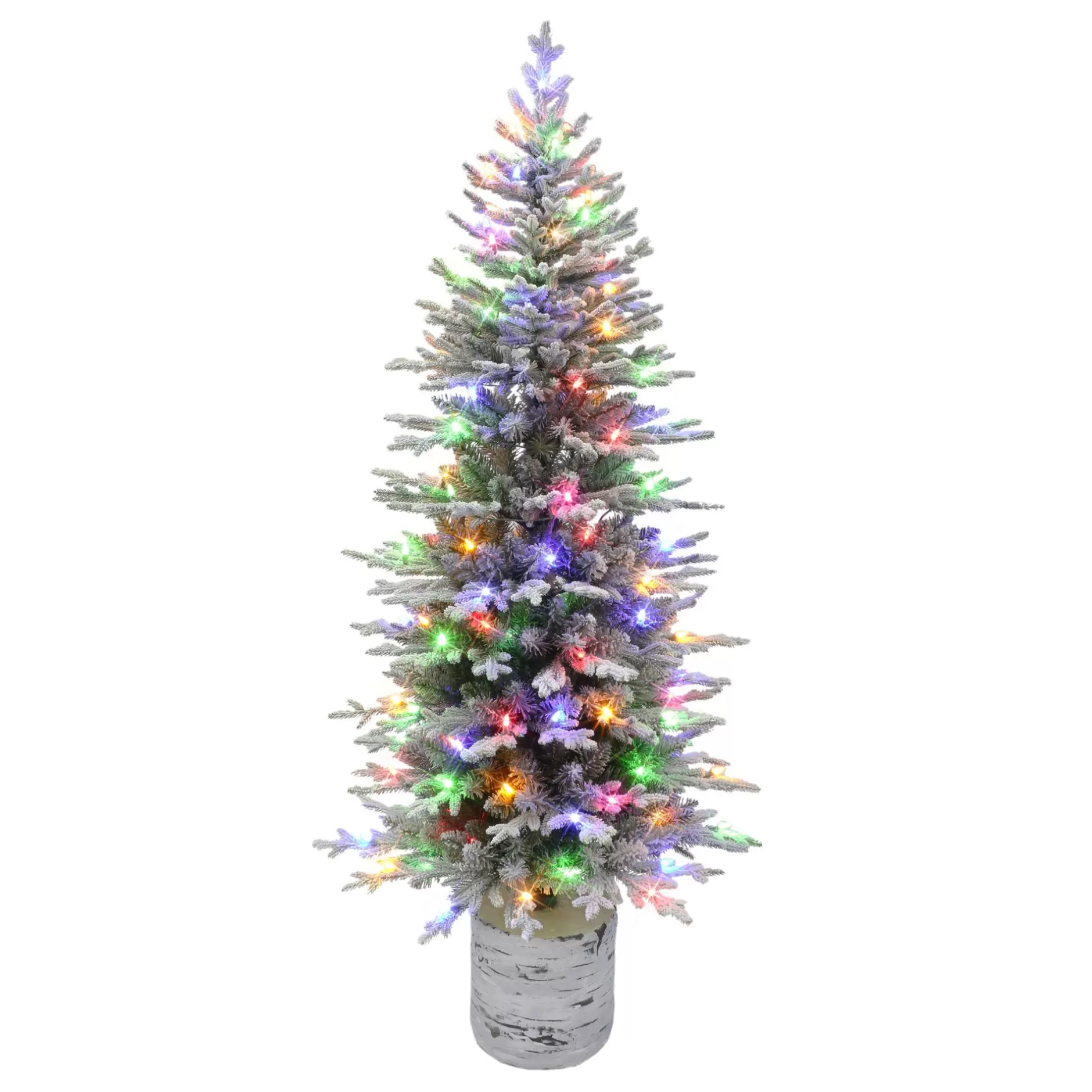 Store 6' Pre-Lit Led Potted Pencil Flocked Arctic Fir Artificial Christmas Tree, Color Select Lights Potted