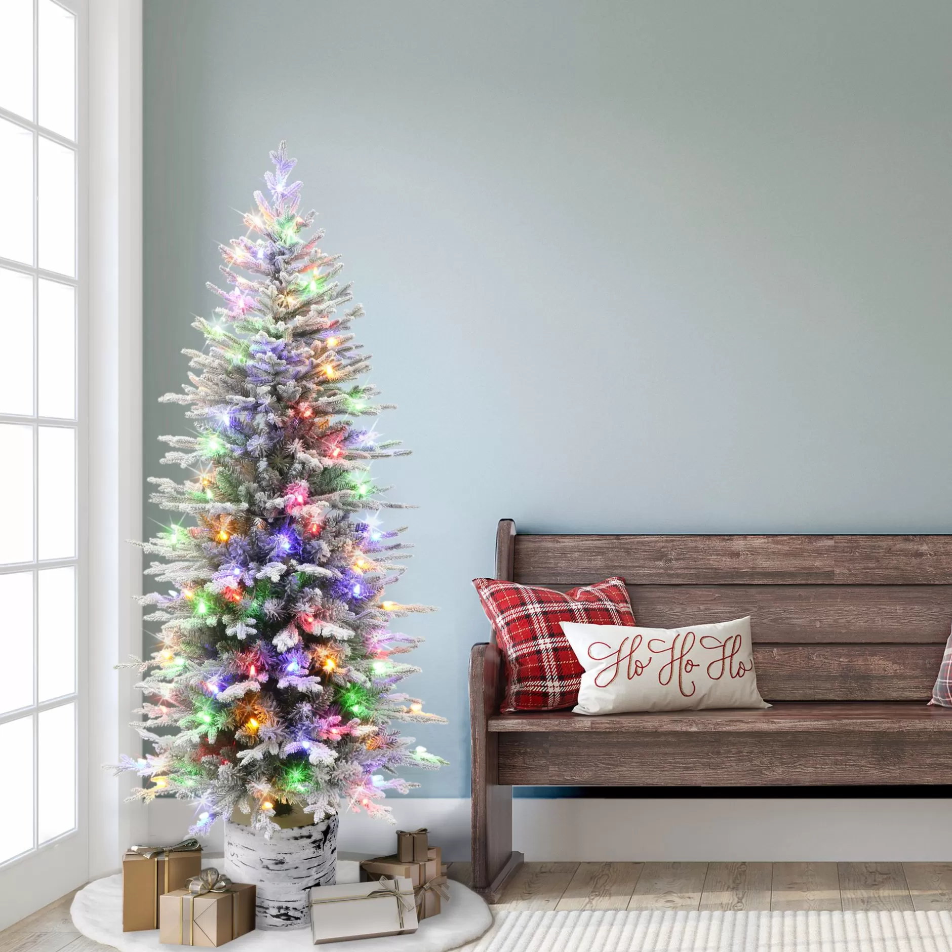 Store 6' Pre-Lit Led Potted Pencil Flocked Arctic Fir Artificial Christmas Tree, Color Select Lights Potted